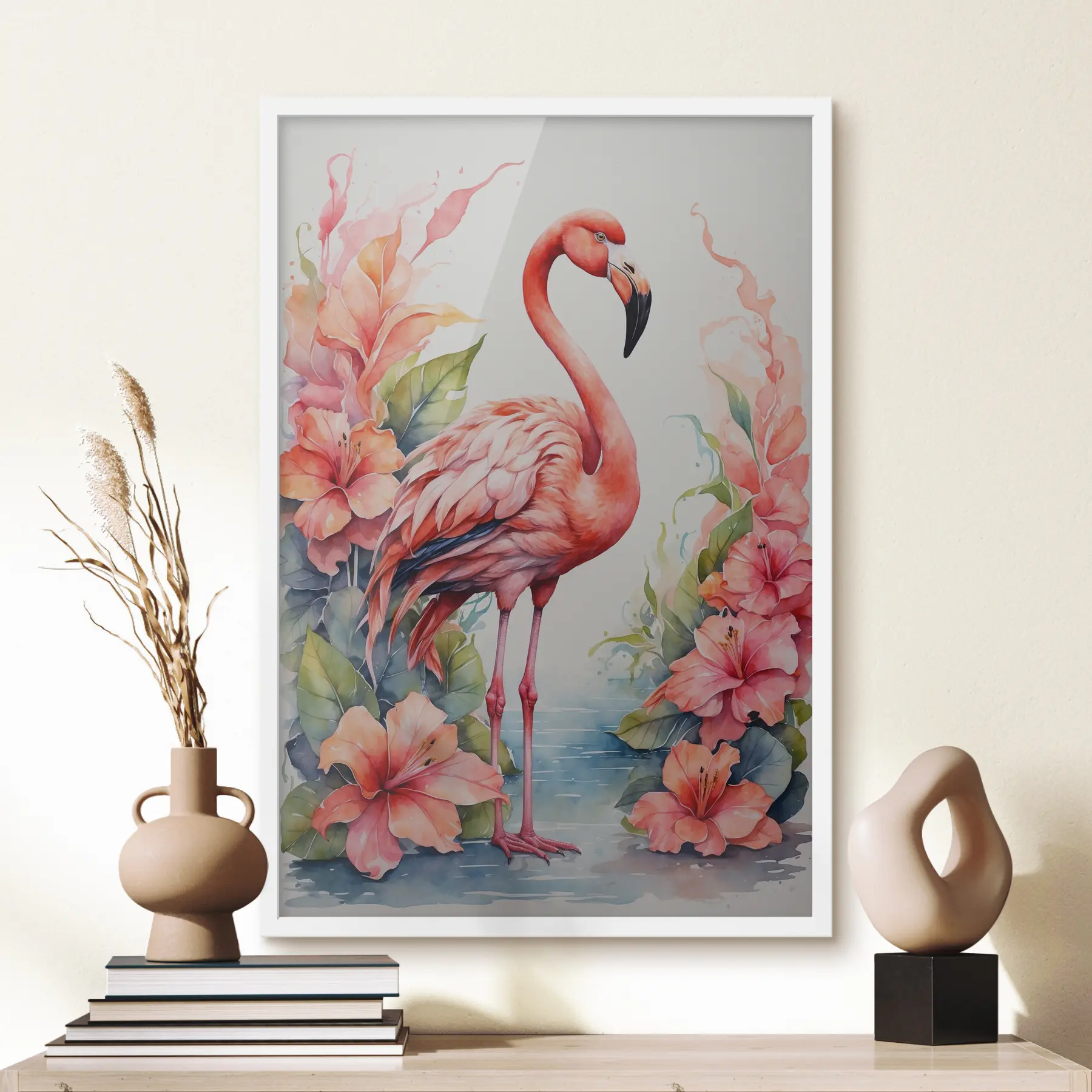 Fototapete Flamingo mit Blumen in Aquarell f37125