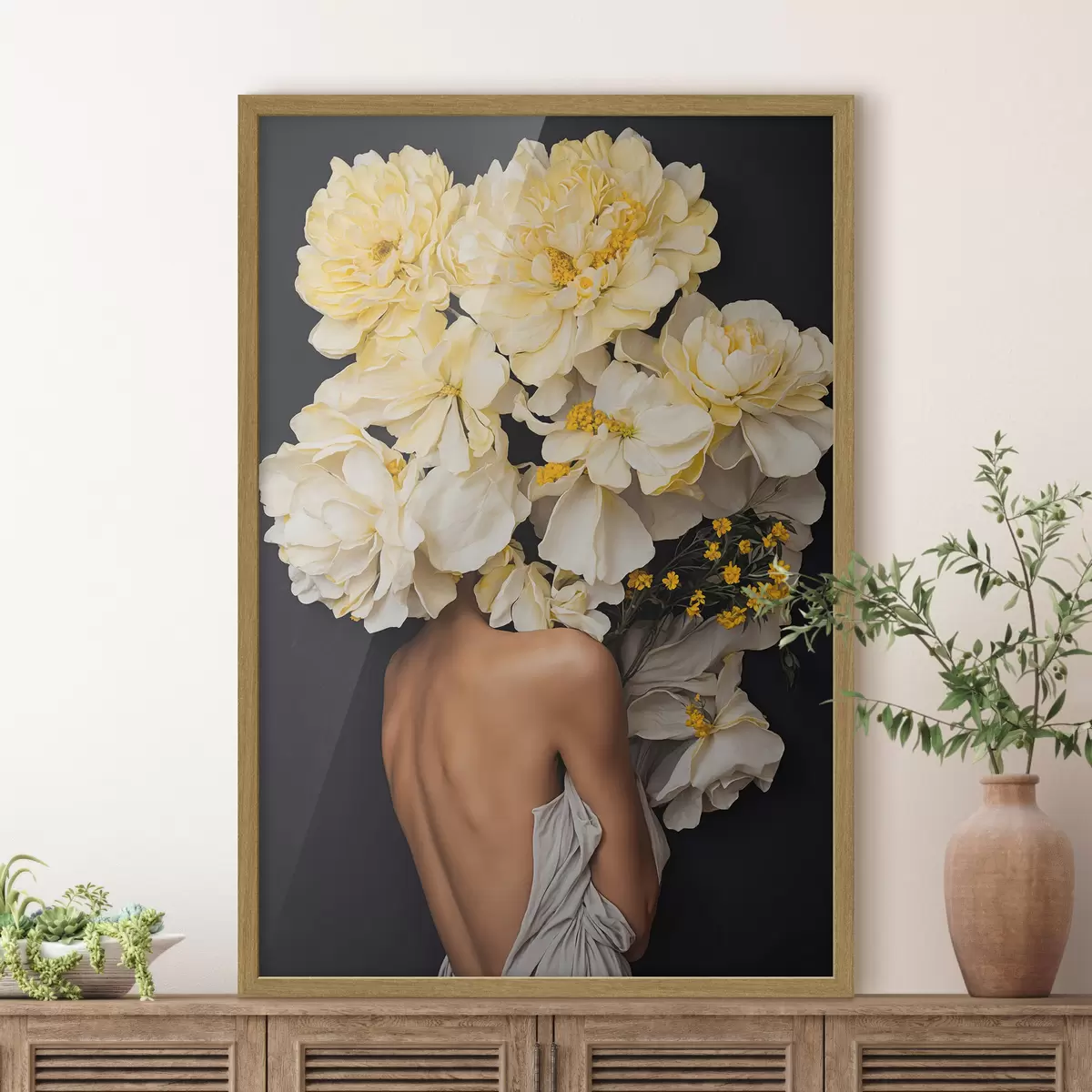 Poster Frau mit gelben Blumen auf schwarzem Hintergrund f37162