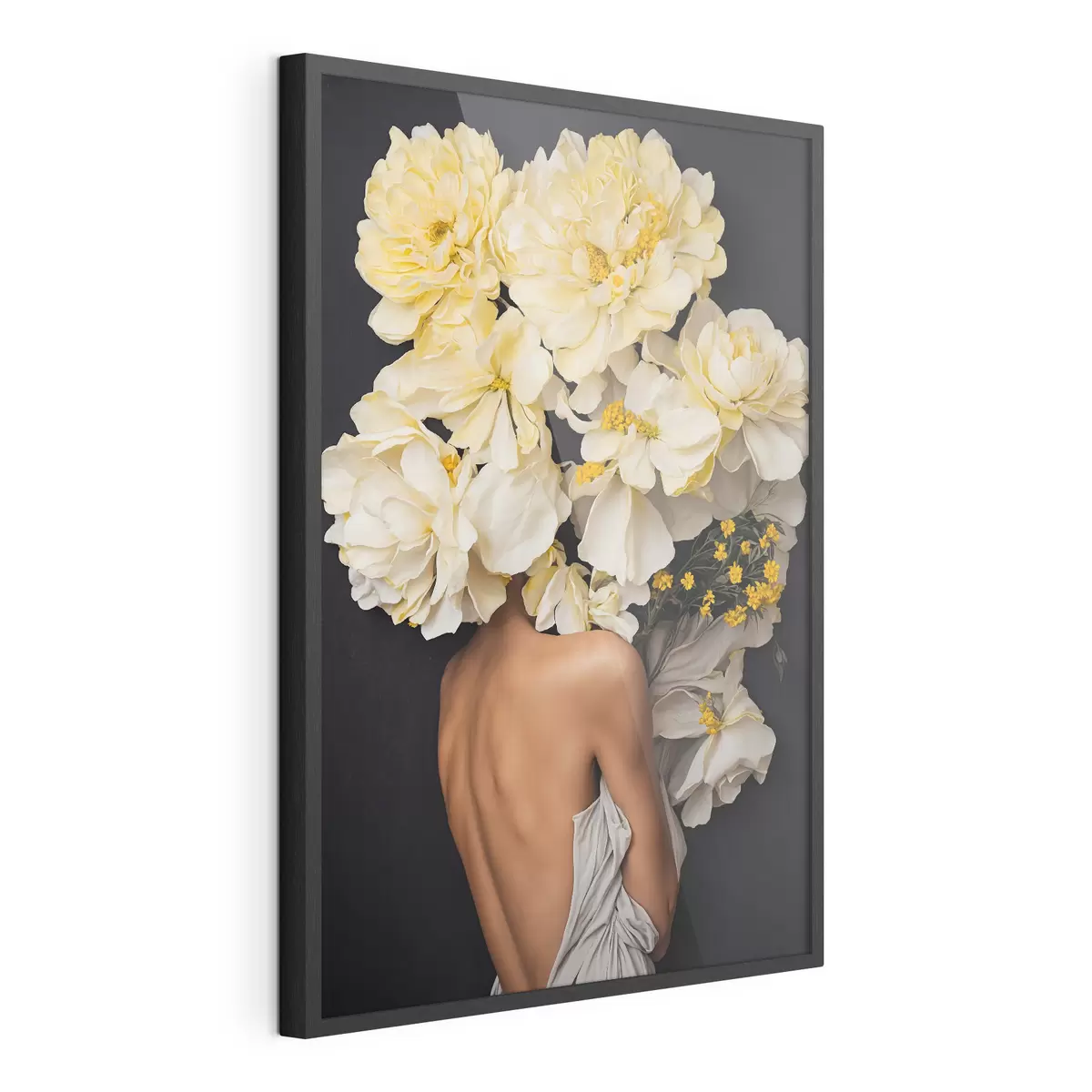 Poster Frau mit gelben Blumen auf schwarzem Hintergrund f37162