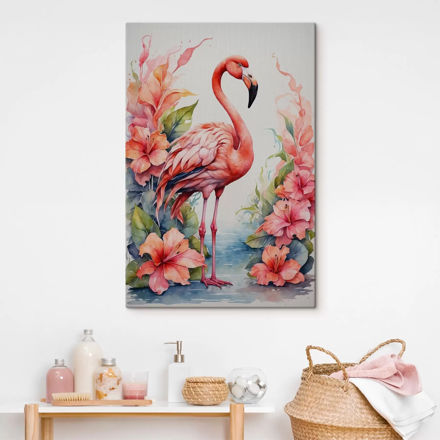 Fototapete Flamingo mit Blumen in Aquarell s37125