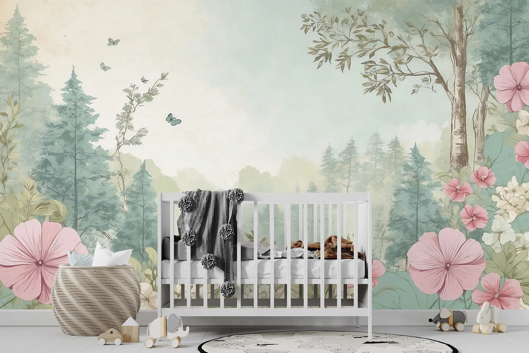 Fototapete Märchenhafter Wald mit Blumen und Kiefern, märchenhaft, verträumt u99567