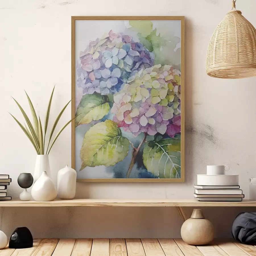 Fototapete Hortensien-Aquarellbilder, Sommerblumen, natürliche Farben f37342