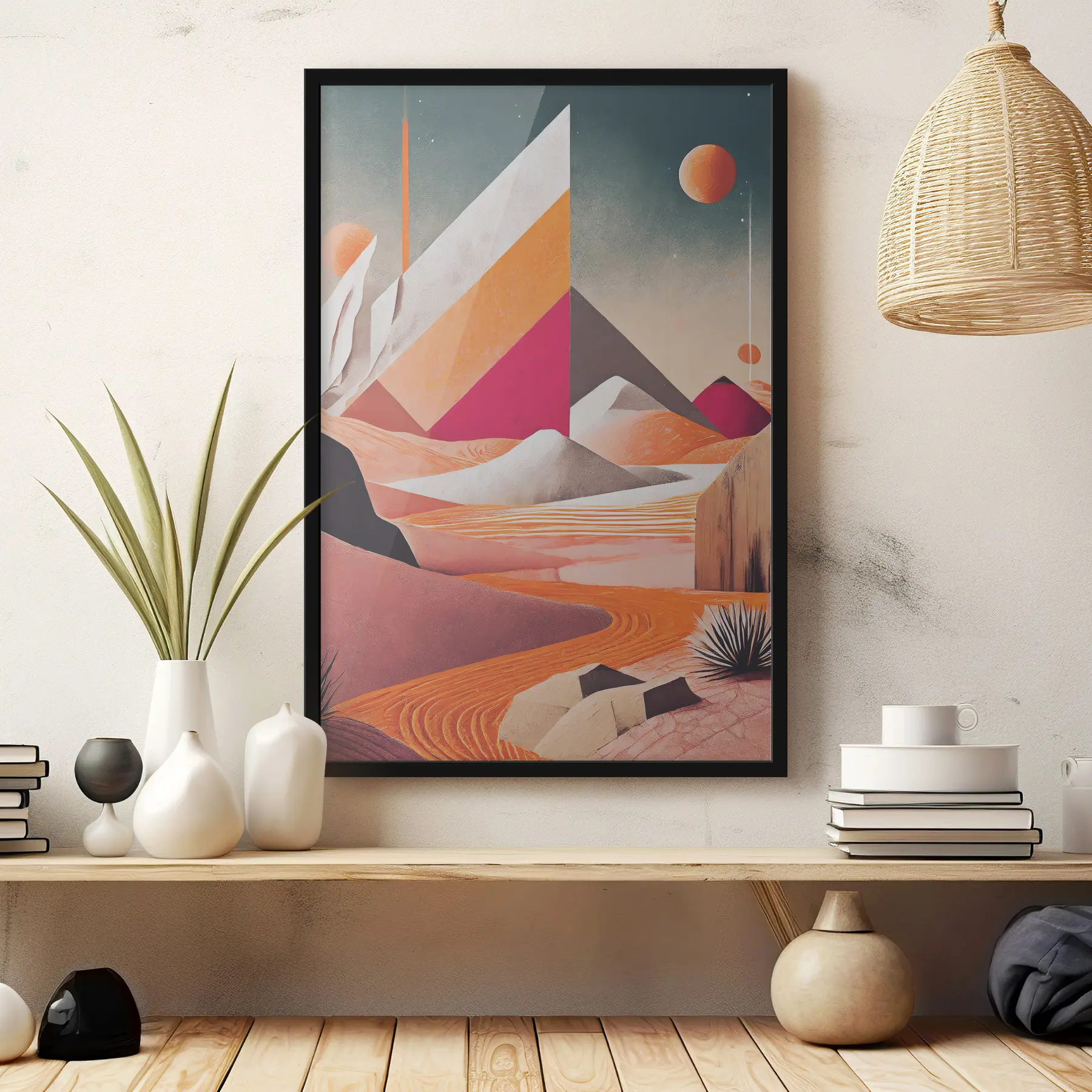 Fototapete Futuristische Kunst, Wüste, geometrische Figuren, Palmen, rosa und orange f37366