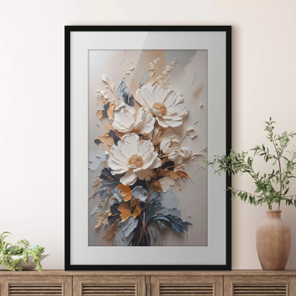 Poster Cremeblüten und dunkles Laub f37327