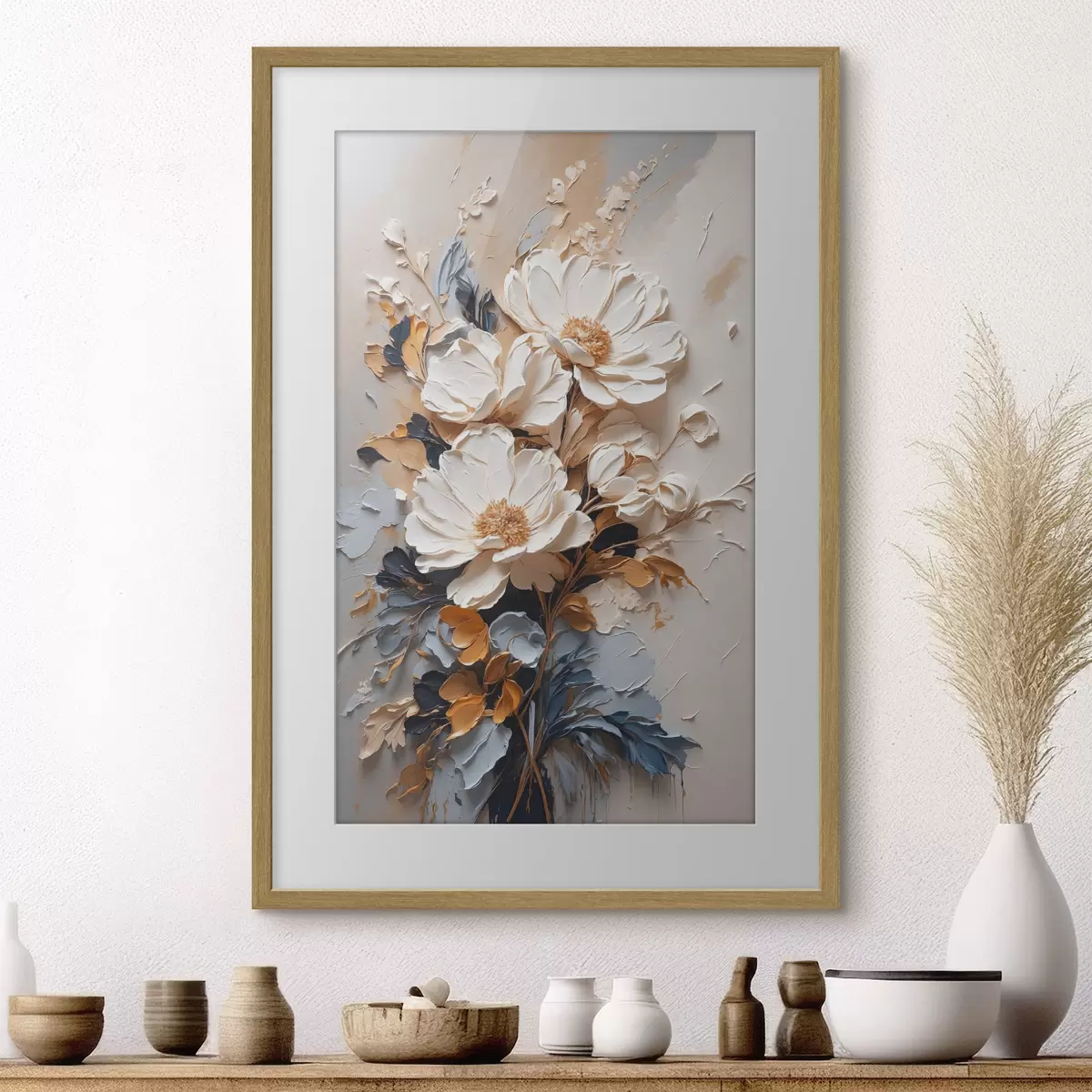 Poster Cremeblüten und dunkles Laub f37327