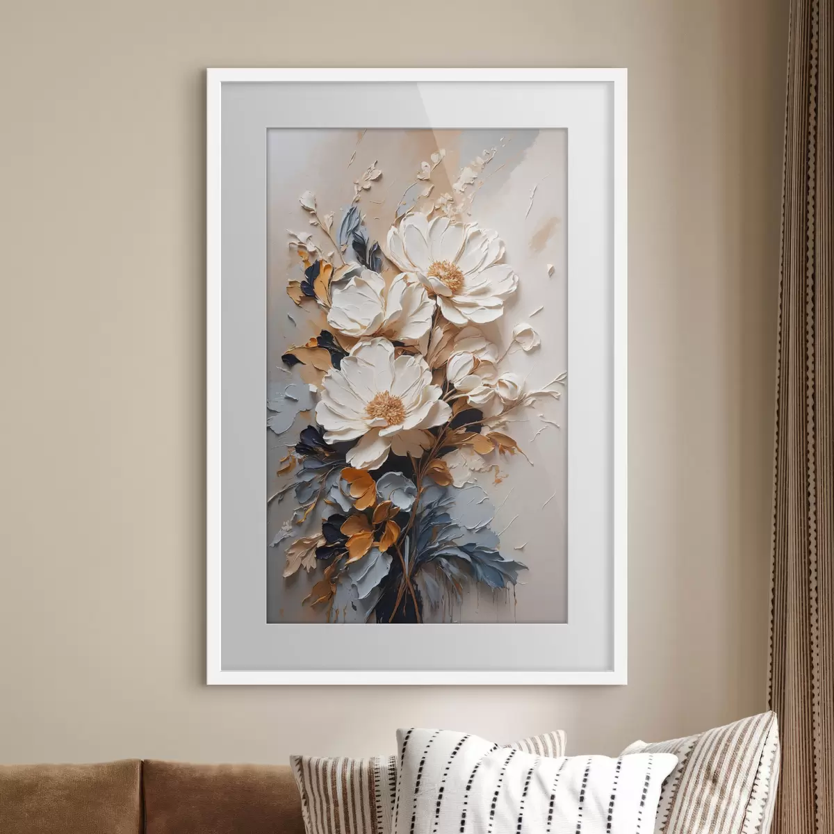 Poster Cremeblüten und dunkles Laub f37327