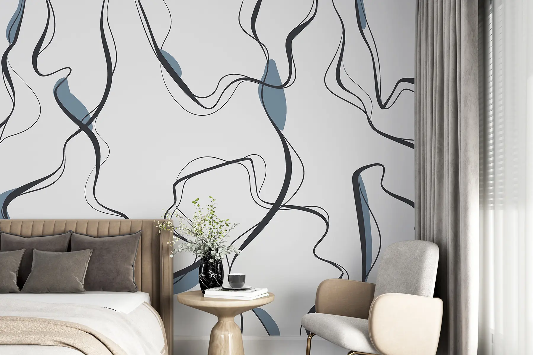 Fototapete Tuschezeichnung Kunst, abstraktes Muster, geometrische Linien, grau und blau u99659